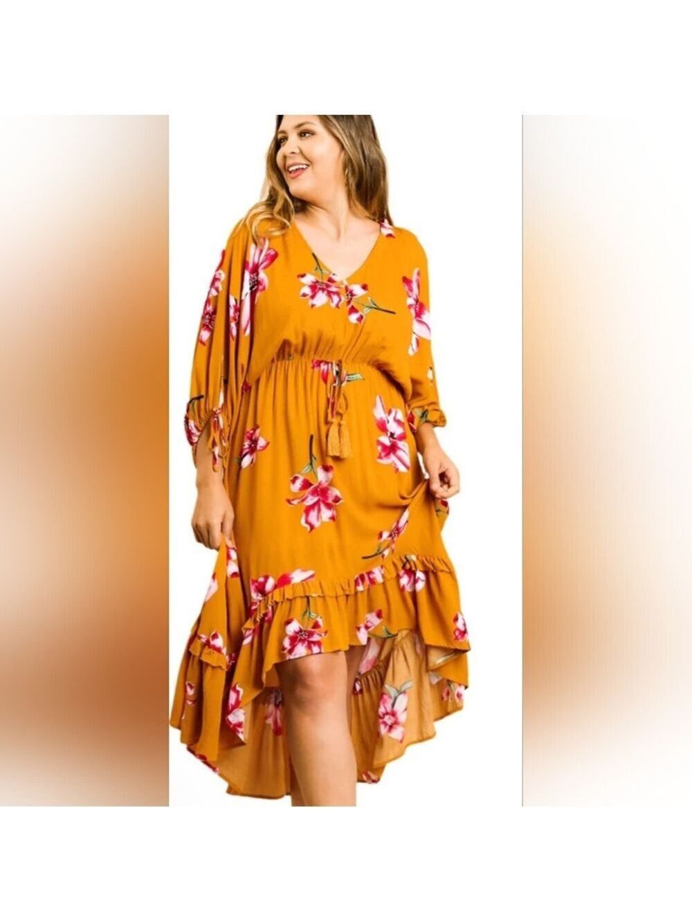 UMGEE Mustard Bohemian Ruffle Bottom Hi-Low Maxi Dress | Floral Boho Midi Dress - Picture 2 of 10